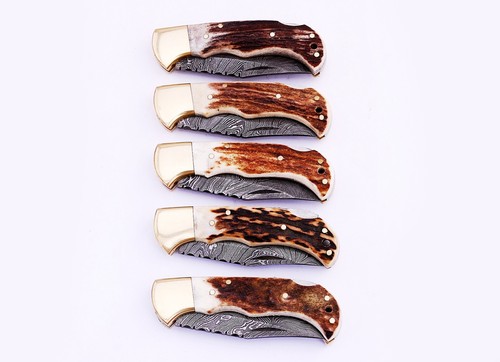 Damascus steel Folding Pocket Knife Lot Bone Stag Horn Wood Handle with Sheath - Picture 24 of 40