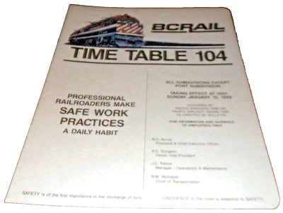 JANUARY 1989 BC RAIL PORT SUBDIVISION EMPLOYEE TIMETABLE #104