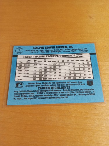 1988 tarjeta de béisbol Donruss #171 Cal Ripken Jr. Baltimore Orioles, campocorto (EN MUY BUEN ESTADO) - Imagen 2 de 2