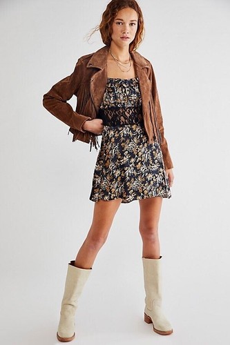 FREE PEOPLE Lucie Mini Dress Floral Short Sleeve Lace Boho Tie Black US10 UK14 - Picture 2 of 5