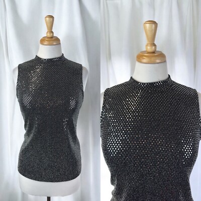 Black Silver Sequin High Neck Top Vintage 90s Disco Glam Festival Party Shimmer