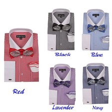 Men's Checks Shirt With High Fashion Bow tie and Handkerchief French Cuff FL628