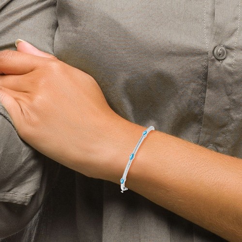 10K Solid White Gold Marquise Swiss Blue Topaz 3 Stone Bangle Bracelet - Picture 2 of 12