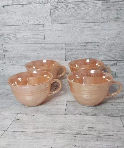 Fire King Vintage Peach Luster Ware Laurel Pattern Tea Cups Set of 4