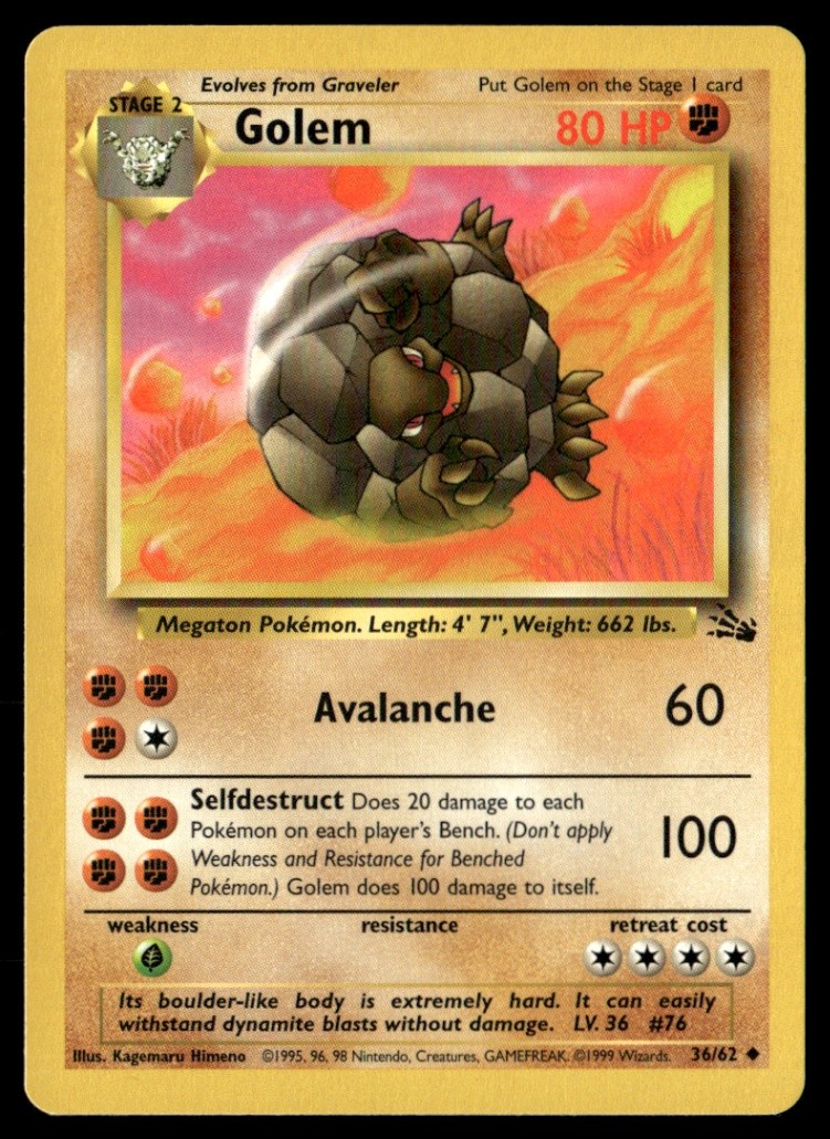 Golem Uncommon Unlimited Fossil 36/62 NM Pokémon TCG