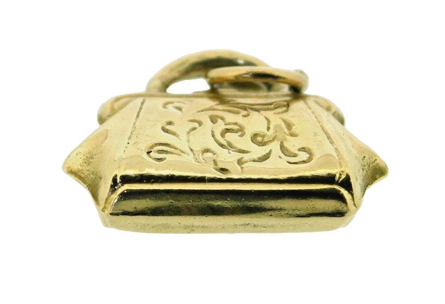 Damen Handtaschen Anhänger 9 kt Gelbgold Linien Muster Vintage Punze London 1968