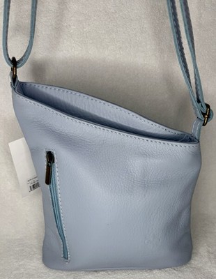 La Borsa Italian Periwinkle Blue Leather Crossbody Purse Shoulder Bag Zippers