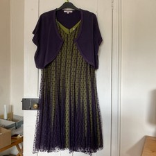 Jacques Vert Purple Spot Mesh With Green Lining Fit & Flare Dress and Bolero