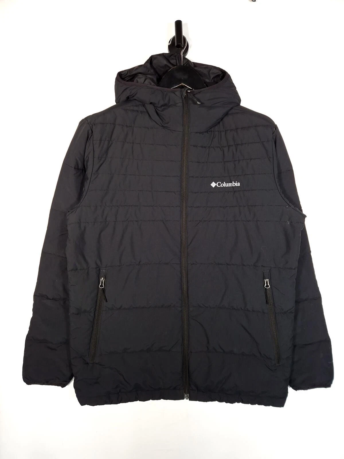 Columbia Puffer Jacket Size Large Men's Black Turbodown Hooded Omni-Heat Lined