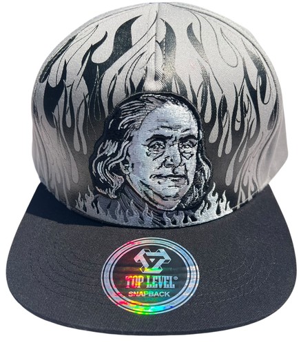 Top Level Ben Franklin Gray Flames SnapBack Money Dollar Bill Hat/Cap NWT
