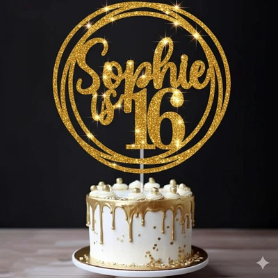 BLITZ-MARKET Personalised Circle Design Cake Topper Any Name Age Birthday 16th 18 21 30 40 50