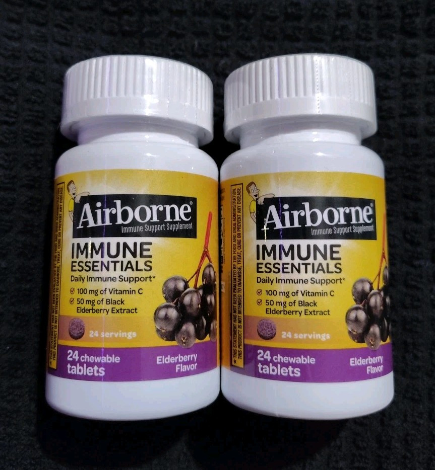 2 Airborne Immune Essentials 24 Tablets Elderberry Chewable VITAMIN C READ