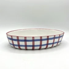 Grestel Hand Painted Oval Bowl Made in Portugal Red White Blue July 4th Plaid