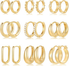 9 Pairs Small Gold Hoop Huggie Earrings Set for Women, 14K Gold Plated Chunky Ho