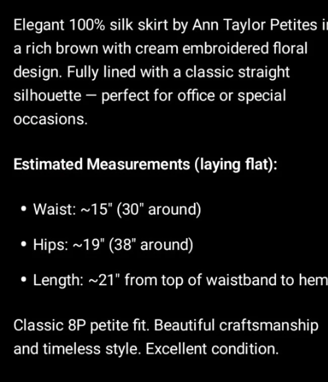 ANN TAYLOR Petites 100% Silk Skirt Brown Cream Embroidered Flowers Classic 8p - Image 4 of 4