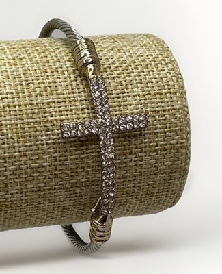 Twisted Cable Stainless Steel Rhinestone Sideways Cross Bangle Bracelet 12.9g