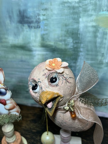art assemblage handmade 3 PC EASTER CHICK sculpture OOAK paper mache Mixed Media - Picture 3 of 11