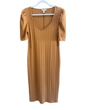 Nine West Brown Ribbed Puff Sleeve Midi Dress Classic Chic Women’s Size Large L