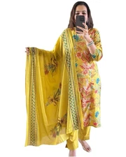 GoSriKi Women's Rayon Blend Printed Straight Kurta with Pant & Dupatta