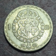 Sweden Silver 1 Krona 1950 Error Lamination Flaw #592