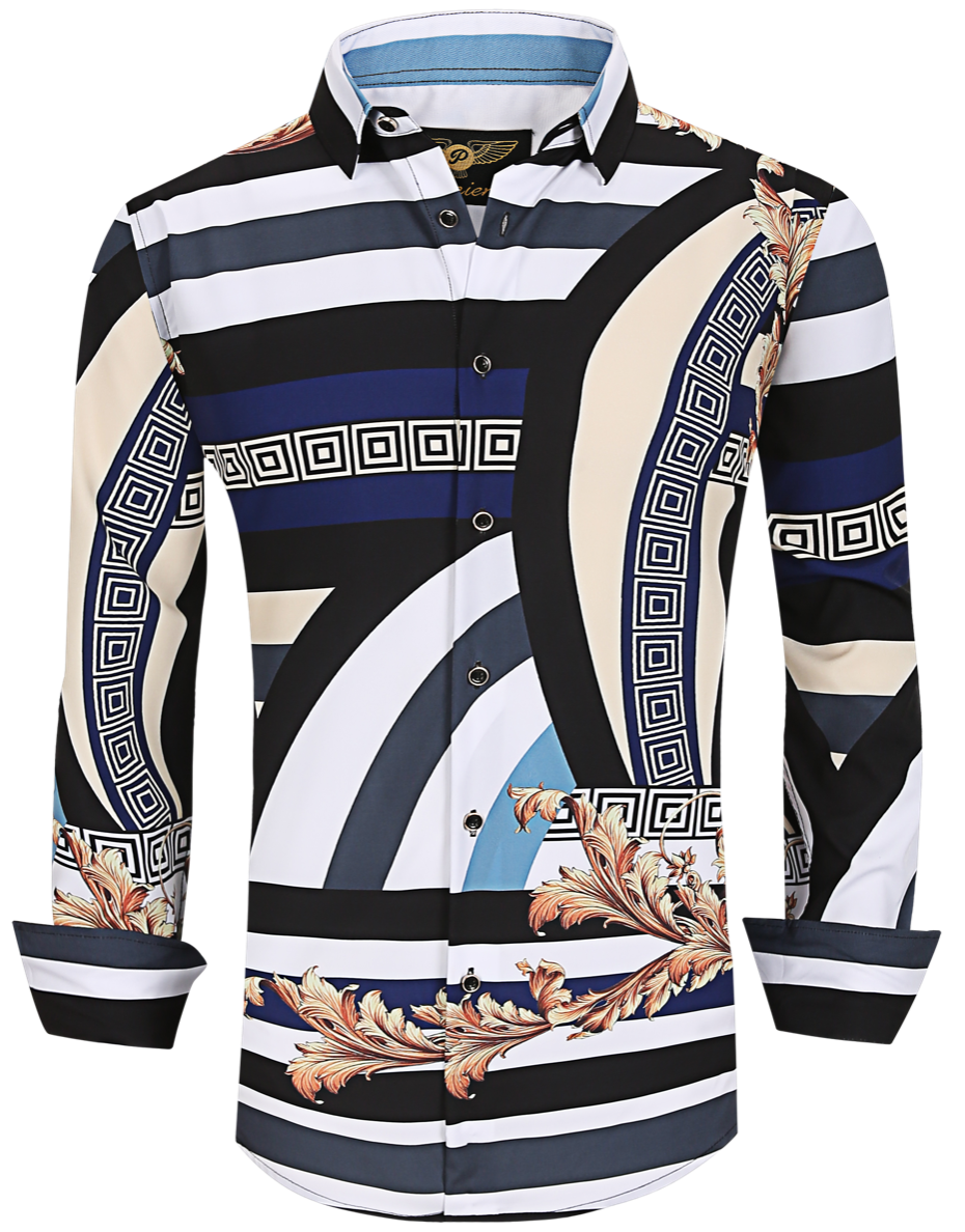 Men's Premiere Designer Button Down Shirt - Gold Leaf Print Long Sleeve Casual Dress Shirt, 3XL