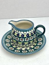 POLAND Pottery Hand Make Hand Painted Floral Creamer +Dish Multicolored