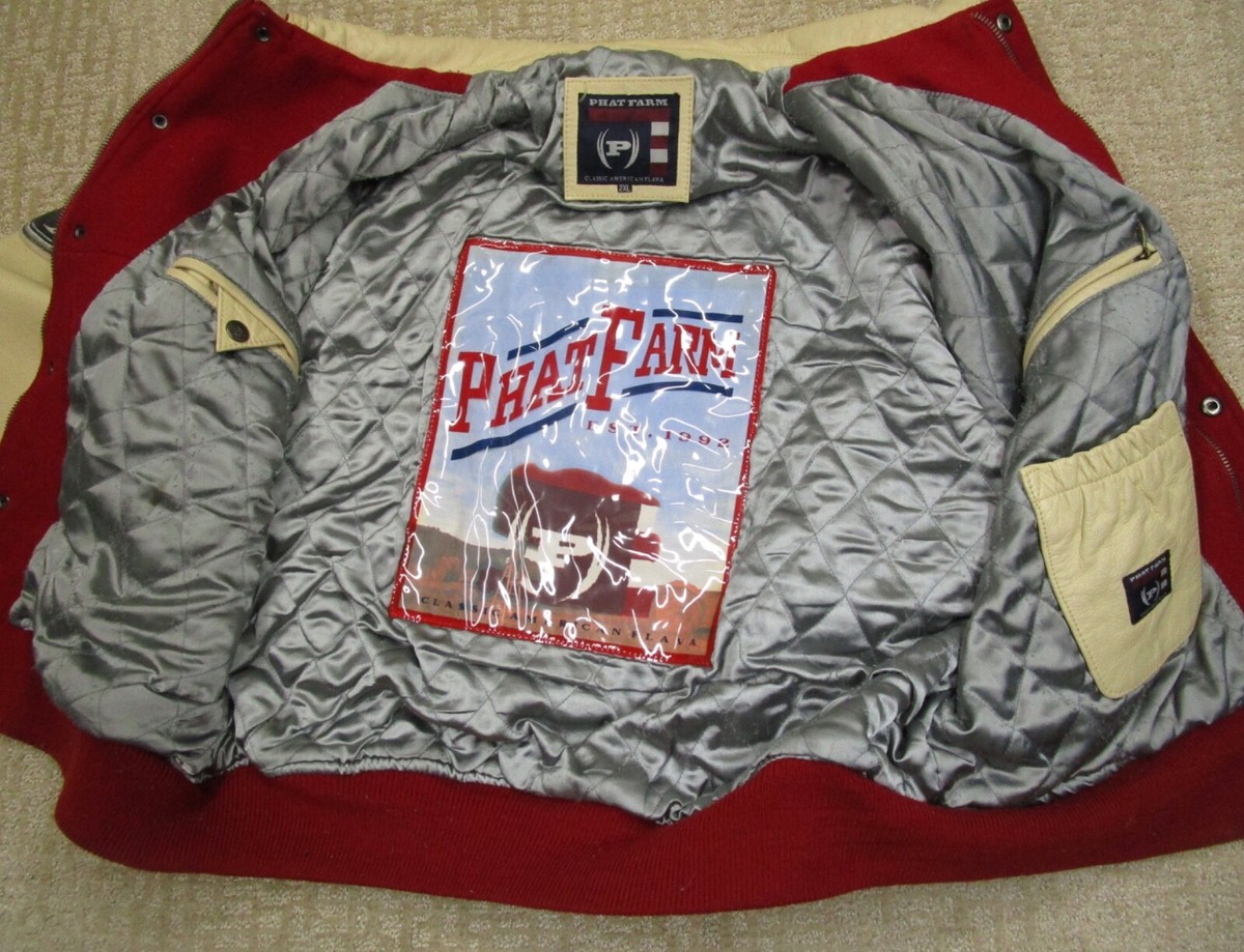 ウェア PHAT FARM WOOLLY PARKER Phat Farm Jacket Men 2XL Red Leather Wool Varsity Hip Hop