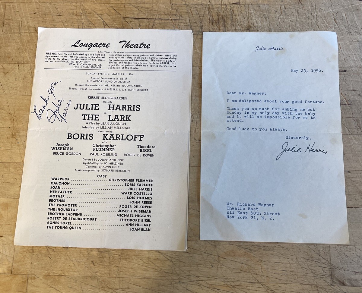 Signed JULIE HARRIS Vintage AUTOGRAPH, Playbill & LETTER! Movie 