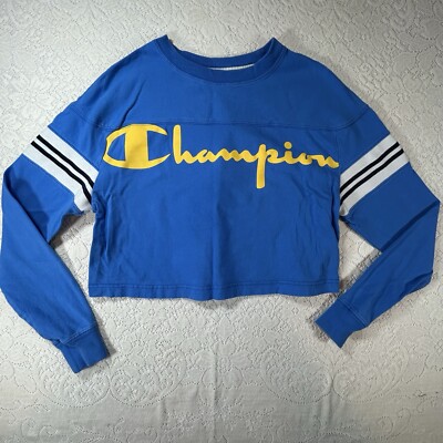 Champion Women's Blue Cropped Long Sleeve Size S Spell Out