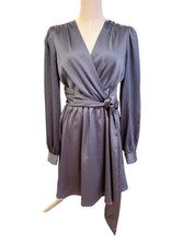 Express Satin Gray Faux Wrap Long Sleeve Tie Mini Dress Cocktail Size Small
