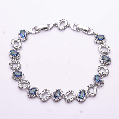Blue Rainbow Mystic Fire Topaz 925 Sterling Silver Tennis Bracelet 7.99" B477405 - Picture 2 of 5