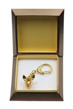 Bull Terrier, Bully I - Gilded key ring with dog in gift box, handbag decoration