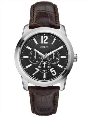 Guess Mens Watch Black with Brown Leather Band