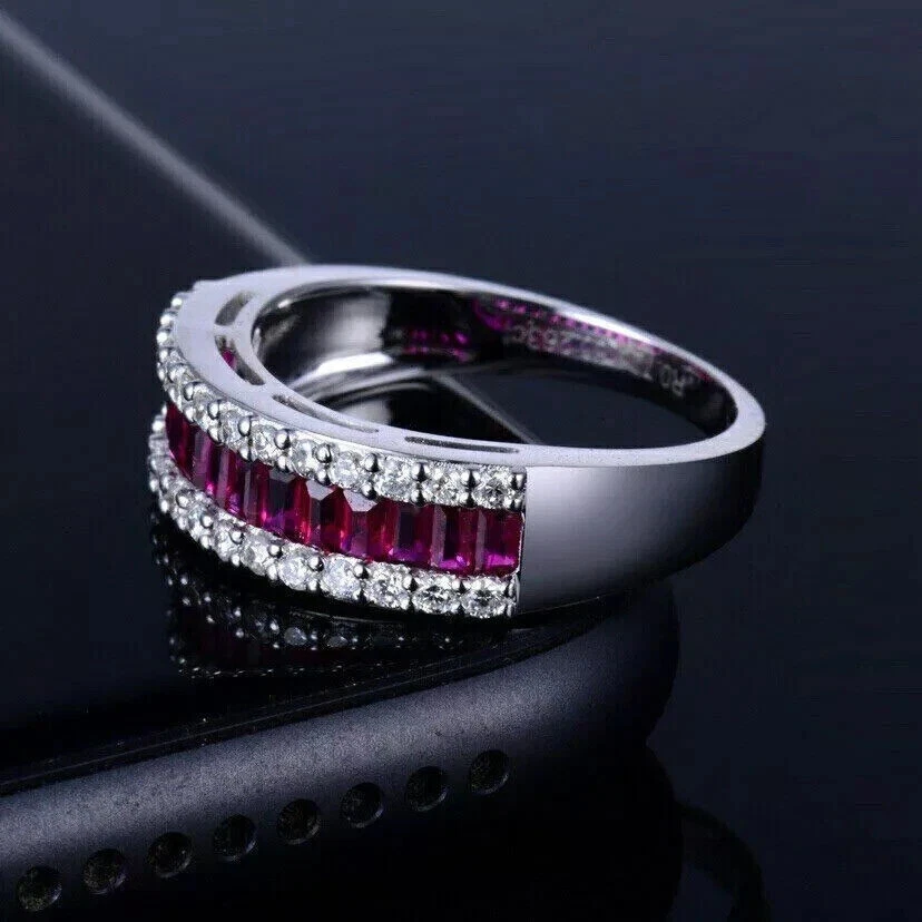 Baguette Pink Sapphire Diamond Eternity Wedding Band Ring 14K White Gold Finish - Image 2 of 4