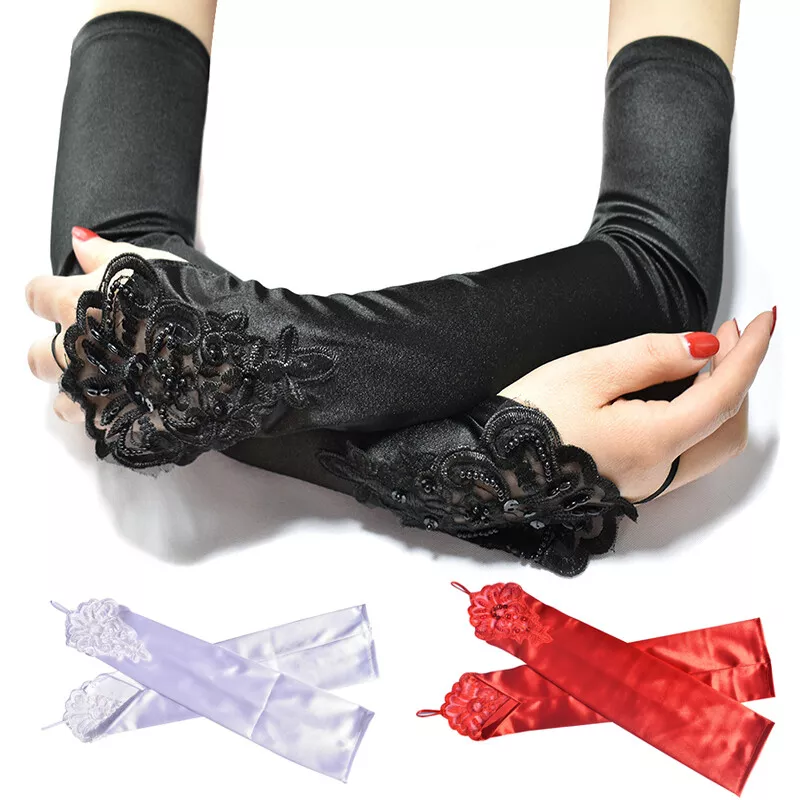 Women Evening Party Formal Gloves Long Satin Finger Mittens Beaded Sequins Decor