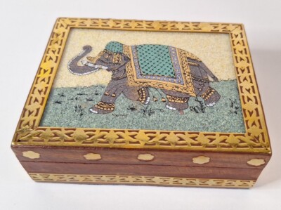 Wooden Jewelry Box w/ Elephant Glass Gemstone Painting & Brass Border 4.25 x3.5 