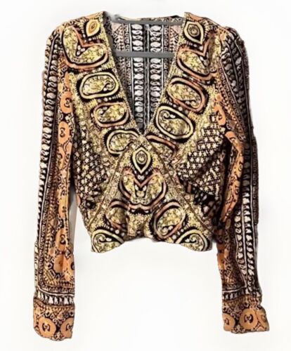 Free People Top Wild And Free Crop Blouse Orange Black L/S Sexy Plunge Large - Picture 3 of 8