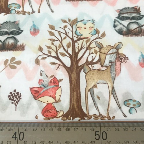 WOODLAND TEEPEE RACOON FOX FAWN ZIG ZAG ON WHITE 100% COTTON FABRIC per metre - Picture 2 of 2