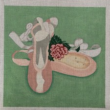 Ballet Slippers Hand Painted Needlepoint Canvas Pink Green White Square 13 Mesh