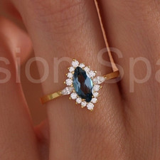 1ct Marquise Natural London Blue Topaz Diamond Halo Ring 14K SOLID Yellow Gold