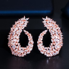 Rose Gold Plated Big Drop Symmetrical Cubic Zircon Earrings Women Bridal Jewelry