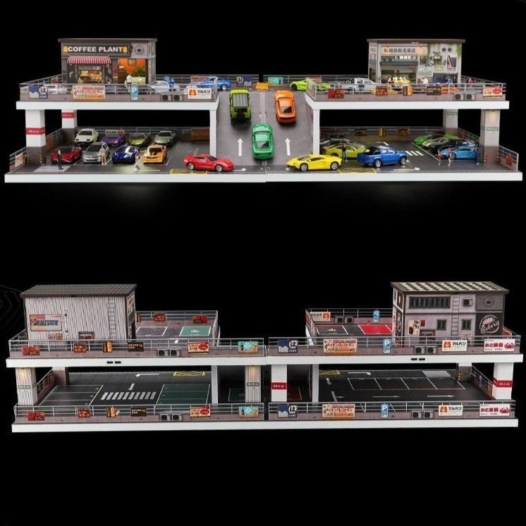 Diorama 1/64 Car Garage Model LED Multi-storey Parking Lot Building Scene Model