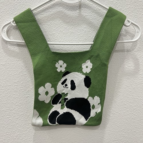 Cute Green Panda Knit Tote Bag Small Mini Handbag Adorable Animal Gift