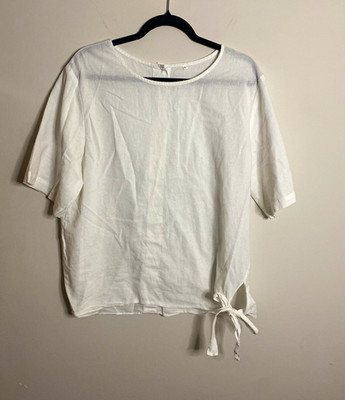 Women's White Cotton Linen Blend Short Sleeve Round Neck Button Tie Blouse L