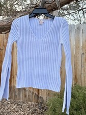 GUESS Jeans baby blue ribbed cotton sweater size L very slim fit v-neck
