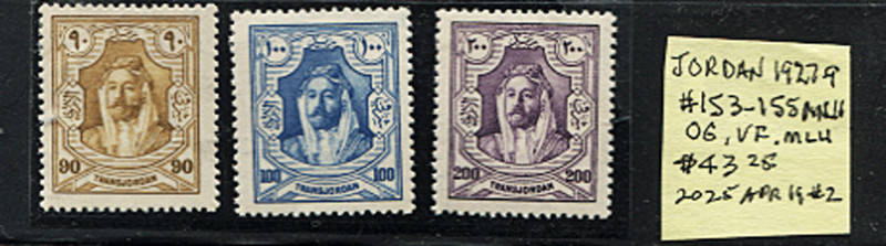🦋🦋JORDAN 1929,Sc#153-155,Hi Values, F/VF, MH, OG Sc$43.25  FREE S/H for US
