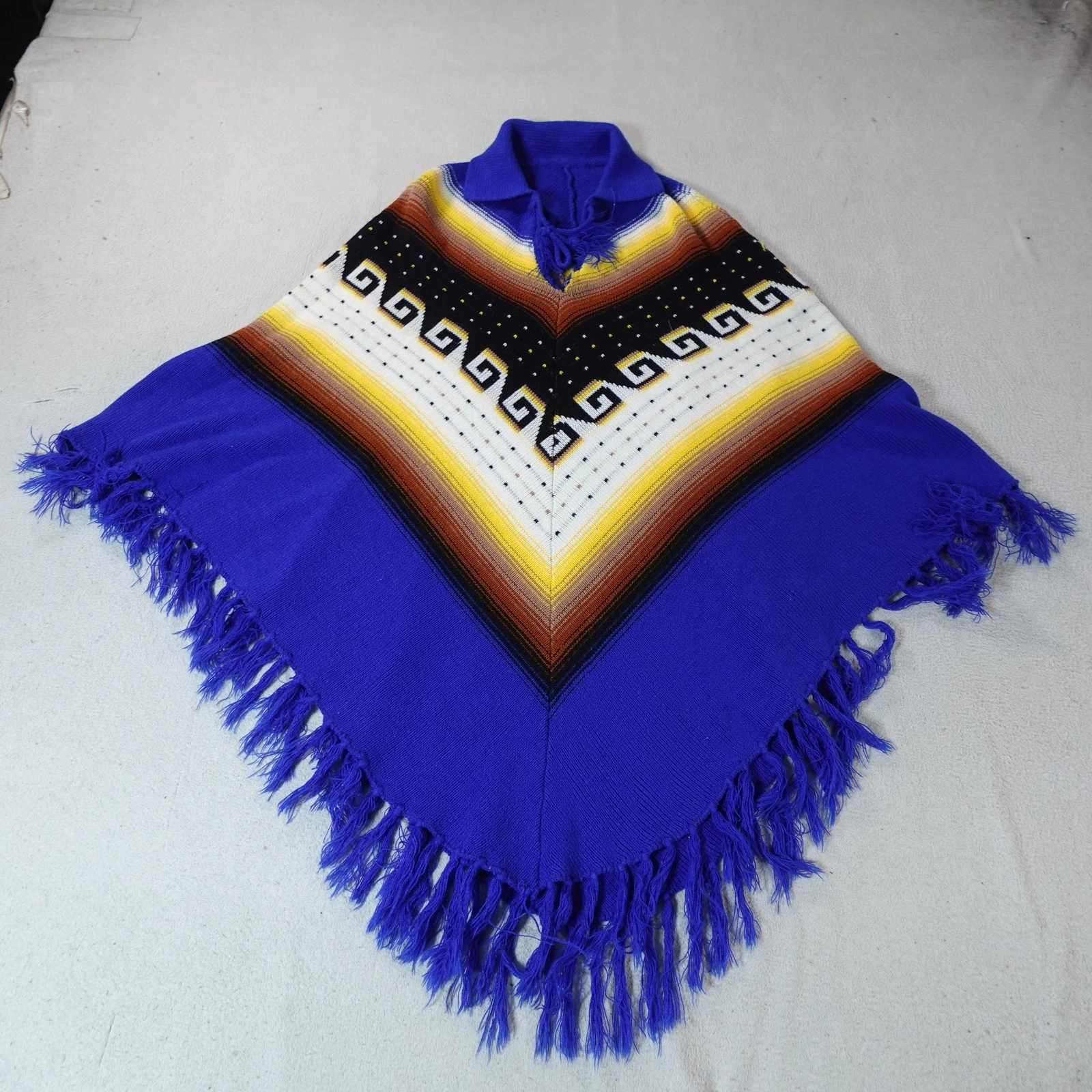 Southwest Poncho Sweater Womens One Size Blue Cape Tribal Fringe Turtleneck Boho