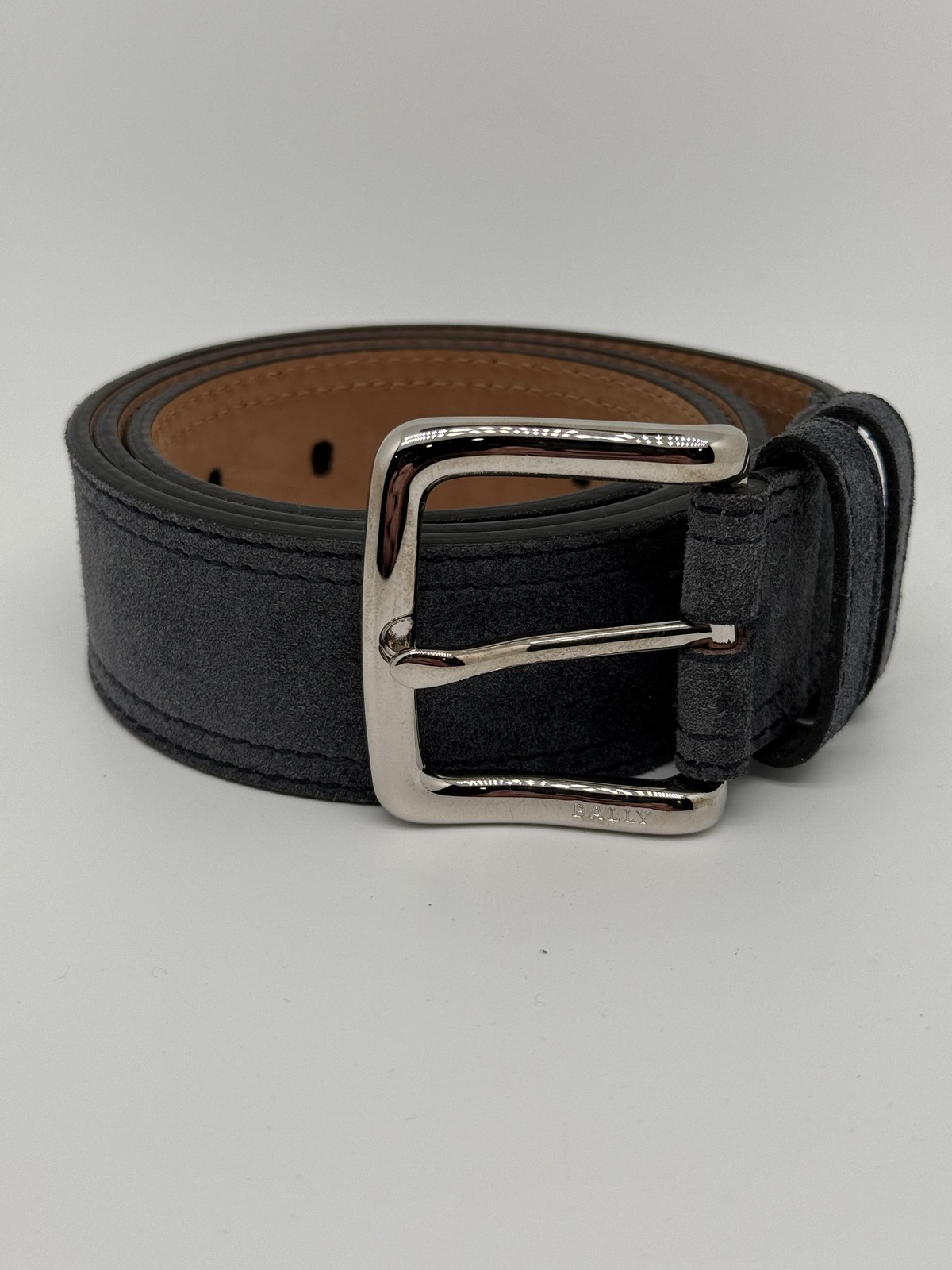 Bally Belt Mens 34 Gray Suede Leather Dress Silver Buckle Logo Made Italy
