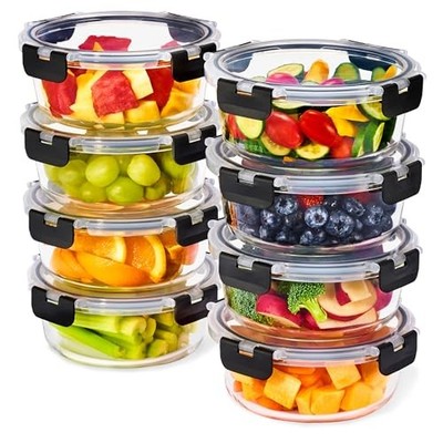 16pc Glass Meal Prep Containers Set   8 Round 32oz Containers with Black
