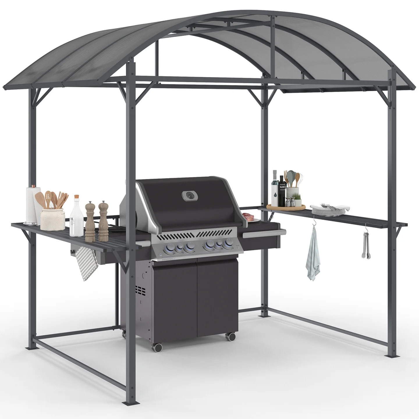 Tonnelle barbecue en métal gris 240x150 cm structure renforcée et abri haut de gamme
